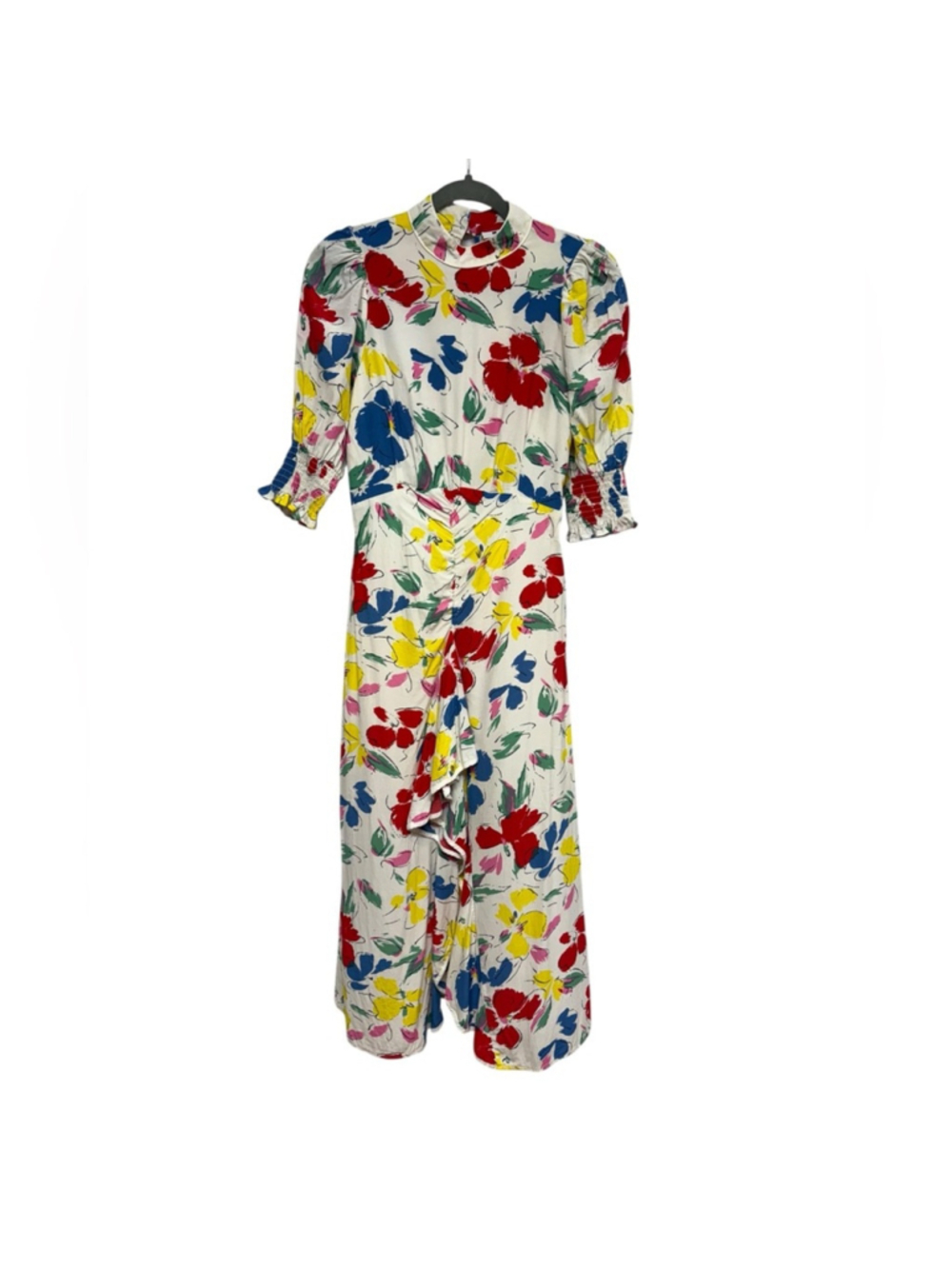 RIXO White Floral Print Midi Dress Size 0 Rayon Puff Sleeve Ruffle Designer